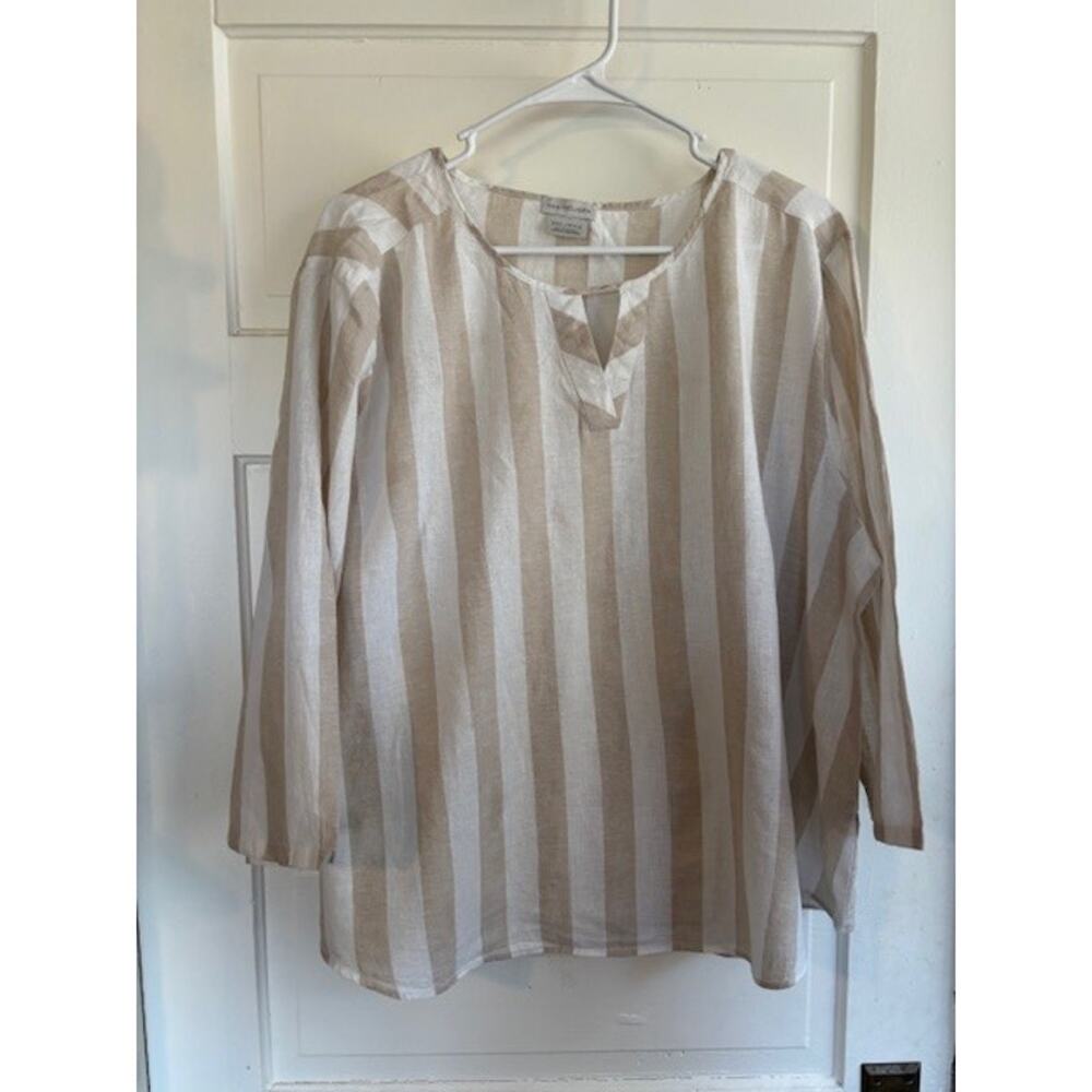 Van‎ Heusen Womens Size XXL Linen/Cotton Blend 3/4 Sleeve Top Beige & White